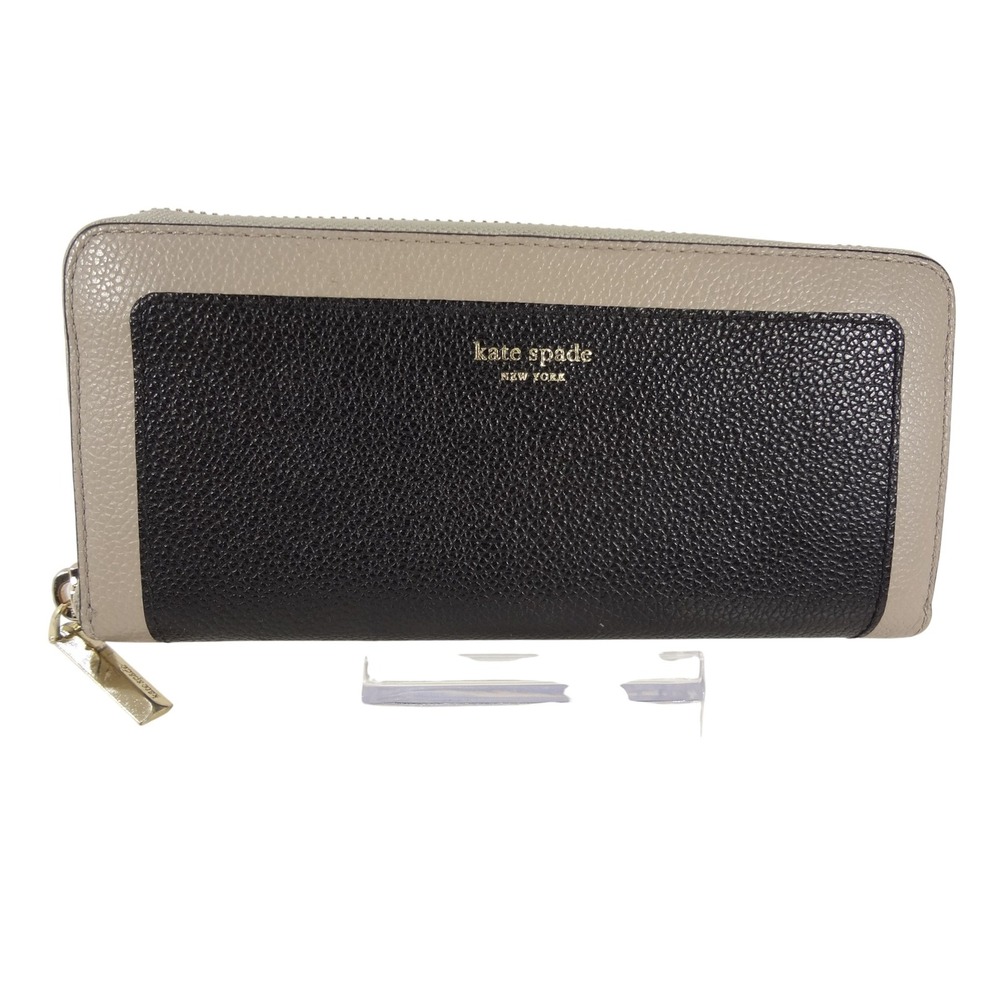 Kate Spade Wallet Black Beige Excellent Zip Around Pebbled Leather